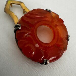 Antique Dress Clip Chinese Export Carnelian Brass Carved Pin 1920's
